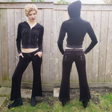 Vintage Juice Couture Track Suit Black Velour / Y2K Era Minimalist Hoodie Sweatshirt Matching Pants Flares Set Ensemble / S 