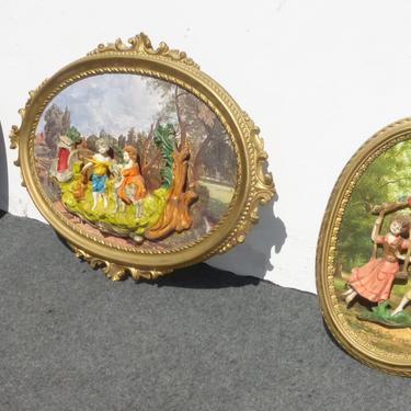 Vintage Italian Framed Set of 3 Ornate Gold Figural Wall Pictures Made in Italy 