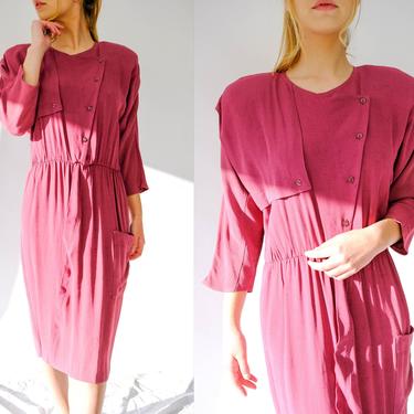 Vintage 80s Wild Rose Magenta Rayon Blend Broad Shoulder Asymmetrical Dress w/ Kangaroo Pocket | Made in USA | 1980s Designer Boho Dress 