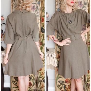 1950s Dress // Olive Gray Wool R&K Dress // vintage 50s dress 