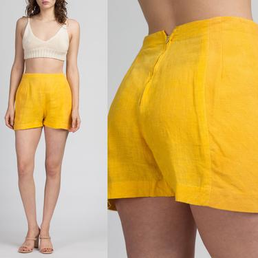 60s 70s Yellow Linen Shorts - Medium, 28&amp;quot; | Vintage High Waisted Boho Casual Shorts 