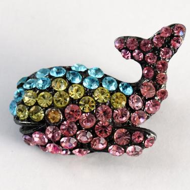 60's gunmetal rhinestone smiling whale brooch, whimsical multi-colored glass mid-century sea mammal bling pin 