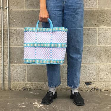 Vintage Market Bag Retro 1990s Pastel + Woven Plastic + Two Top Handles + Open Tote Bag + Famers Market or Beach + Womens Accessory 
