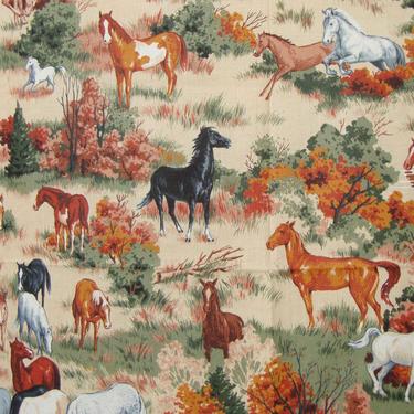 Vintage 70s Horse Fabric Novelty Print Cotton Remnant 1+ Yd 