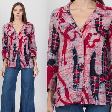 90s Boho Shibori Dyed Collared Top - Medium | Vintage Button Up Long Sleeve Tie Dye Hippie Shirt 