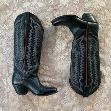 Vintage Tall Black Cowboy Boots with Pink and Blue Stitching 