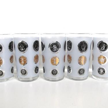 Set of 5 Libbey Gold Coin Tumblers, Hollywood Regency Frosted Highball Glasses, Black and Gold Coin Vintage Barware 