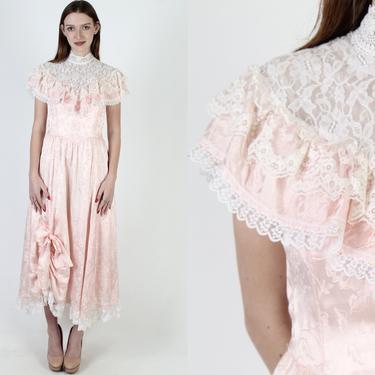 Vintage 80s Gunne Sax Pink Satin Maxi Dress / High Neck Victorian Full Skirt Dress / Edwardian Western Saloon Prom Wedding Gown 