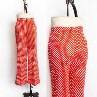 Vintage 1970s Pants - Polka Dot Red &amp; White Cotton High Waisted  Wide Leg Trousers - Small 
