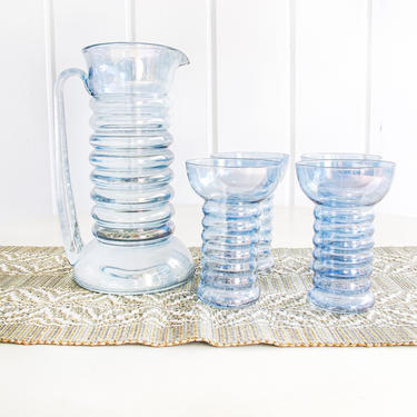 Set of 4 Vintage Wavy Blue Glasses with Pitcher 