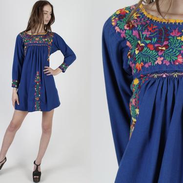 Long Sleeve Oaxacan Dress / Royal Blue Cotton Mexican Dress / Womens Hand Embroidered Traditional Dress / Made In Mexico Mini Dress 