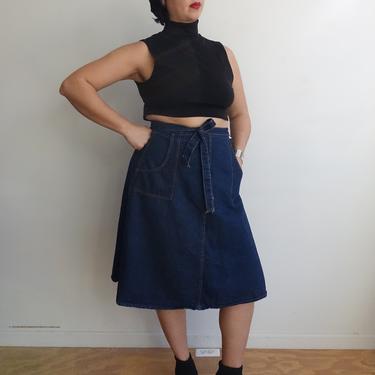 Vintage 70s Denim Wrap Skirt/1970s Patch Pocket Jean Skirt/Size M to XL 