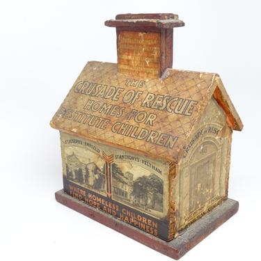 Antique 1800's Crusade of Rescue Destitue Children Church Collection Box, Wooden Building, Vintage Time Worn 