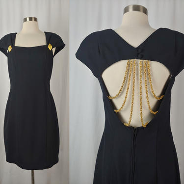 Vintage Nineties Black Sheath Dress - 90s S / M Short Sleeve Cut Out Back with Chain Detail - Jessica Howard Little Black Dress 
