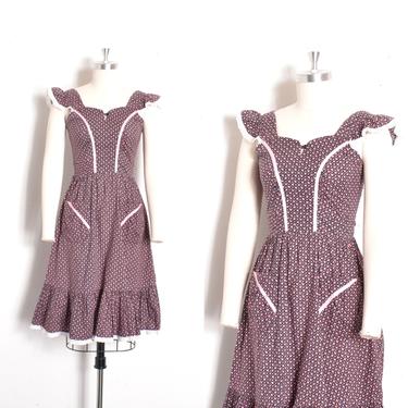 Vintage 1970s Dress / 70s Tiny Rose Print Peasant Dress / Black Pink ( XS extra small ) 