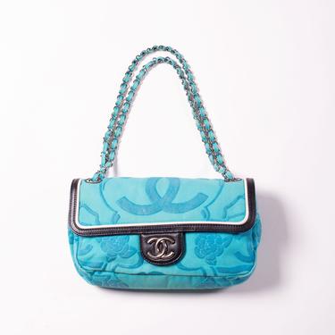CHANEL Ultra Rare Chain Strap Floral Patterned Canvas and Leather Flap Bag Medium CC Limited Edition Logo Blue Black 