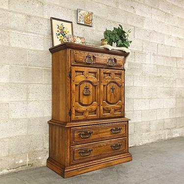 LOCAL PICKUP ONLY Vintage American Drew Armoire Retro 1980s Tall Brown Wood Bureau or Cabinet with Ornate Metal Hardware + Multiple Drawers 