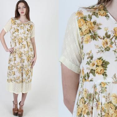 Yellow Bouquet Flow Grunge Dress / Vintage 90s Ivory Babydoll Floral Dress / 1990s Button Up Bodice Midi Maxi Dress 