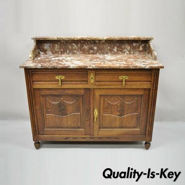 French Art Nouveau Renaissance Oak Wood Marble Top Washstand Buffet Sideboard