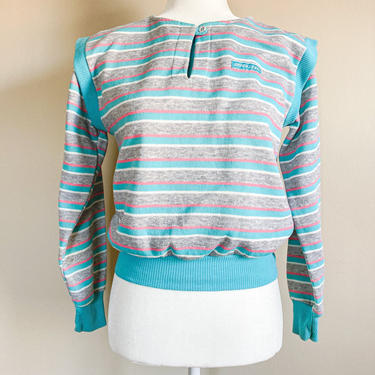 80s Gray Pink Blue White Striped Sweatshirt | Small 