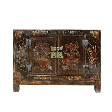 Oriental Chinoiseries Distressed Flower Black Low TV Console Cabinet cs5902E 