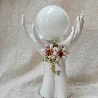 1980's Ceramic Hands Table Lamp with Flower Decor