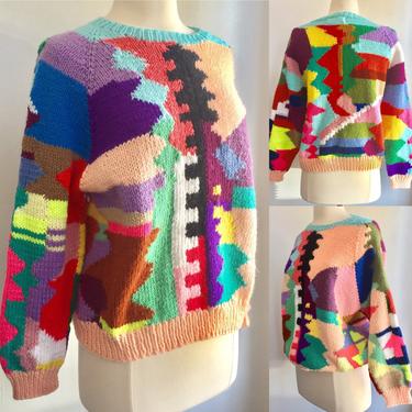 Vintage Abstract ONE-OF-A-KIND Hand Knit Sweater / Original + Work of Art + Grandma Knit / Free Knit 
