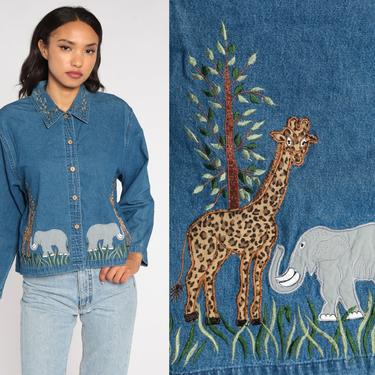 Denim Safari Shirt Jean Animal Shirt Giraffe Elephant Shirt 90s Africa Print Jungle Blouse 1990s Button Up Long Sleeve Petite Medium 
