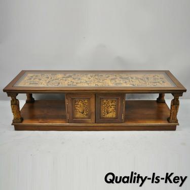 Vintage Carved Oriental Asian Figures Coffee Table Cabinet Old Chinese Wiseman