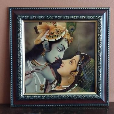 Framed Radha Krishna Portrait Hindu Mythology Metallic Art Print 11x11 