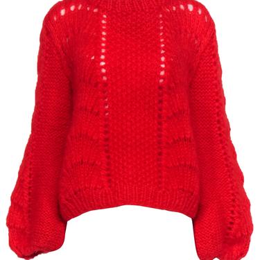 Ganni - Bright Red Fuzzy Textured Balloon Sleeve Sweater Sz L