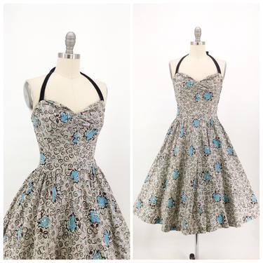 FINAL SALE /// 50s Blue Rose Print Halter Cotton Sun Dress / 1950s Vintage Cotton Summer Sun Dress / Small to Medium 