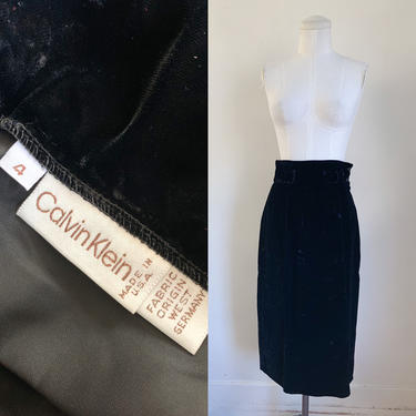Vintage 1990s Calvin KIein Black Velvet Pencil Skirt / XS 