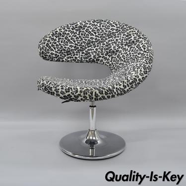 Modern Leopard Print Chrome Swivel Lounge Chair Black White Sculptural