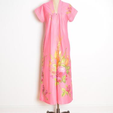vintage 80s lounge dress pink Hawaiian floral border print long maxi caftan M clothing 