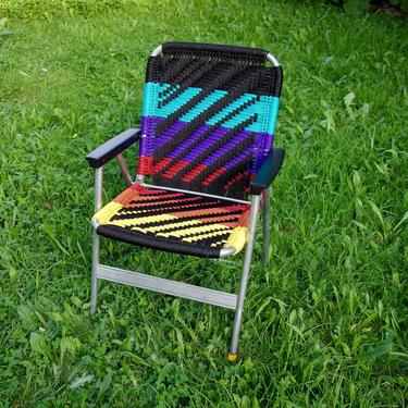 Macrame Lawn Chair, Handmade Neon Stripe Glamping Unique Outdoor Furniture 70s 80s Decor Vintage Patio Aluminum Folding Chair forest fathers 