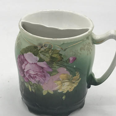 Antique Royal Coburg Shaving Mug or cup- Mustache cup - Porcelain- Gold trim Deep Green background  Pink Yellow roses  Flowers- Germany 