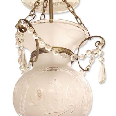 1930s Traditional Etched Glass & Crystal Bell Jar Lantern
