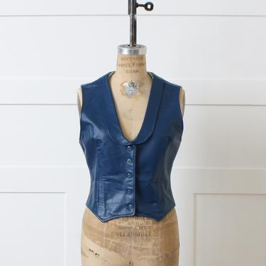 vintage 1960s 70s cerulean blue leather vest • one of a kind custom leather fitted vest 