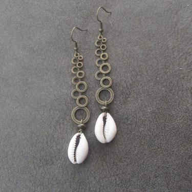 Long cowrie shell earrings, unique modern dangle earrings, Afrocentric earrings, African earrings, statement earrings, bold earrings 