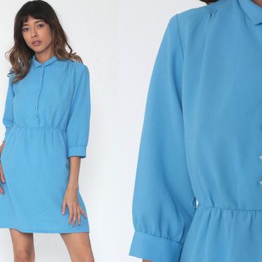 Blue Mini Dress 70s High Waisted Dress Vtg Button Up Secretary Plain Dress 3/4 Sleeve Dress Collar Vintage Minidress Retro Medium 