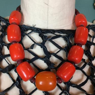 1980s chunky necklace, resin beads, ethnic necklace, vintage necklace, deadstock, orange and amber, beaded 80s necklace, boho jewelry 