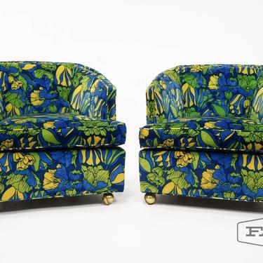 Pair of Vibrant Floral Bucket Swivel Chairs