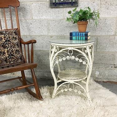 LOCAL PICKUP ONLY Vintage Wicker End Table Retro 1970's White Woven Table with Round Clear Glass Removable Top 