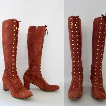 HERBERT LEVINE 60s Rust Suede Lace up Granny Boots, 1960s Hippie Boho GoGo, 70s 1970s Brown Leather Chunky Heel Knee High | Size 8 - 81/2 