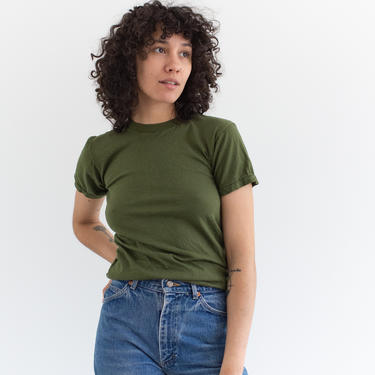 Vintage Army Green T-Shirt | Olive Green Crewneck Tee Cotton | XS | 