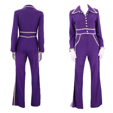 70s purple glam rock bell bottom jumpsuit size S / 1970s poly knit one piece disco jumpsuit 6 