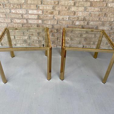 Pair of Mid Century Modern Gold Tone Hollywood Regency Style End Tables with Glass Tops 