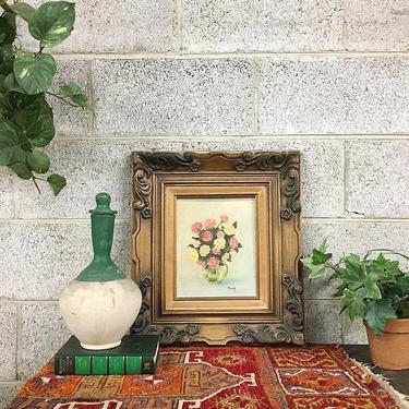 Vintage Floral Painting 1971 Retro Size 16x18 Flowers in a Vase with Ornate Brown Wood Carved Frame On Canvas Original Signed Wall Art 