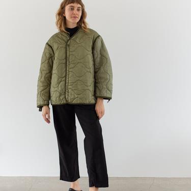 Vintage Green Liner Jacket | White Buttons | Celery Wavy Quilted Nylon Coat | L XL | LI038 